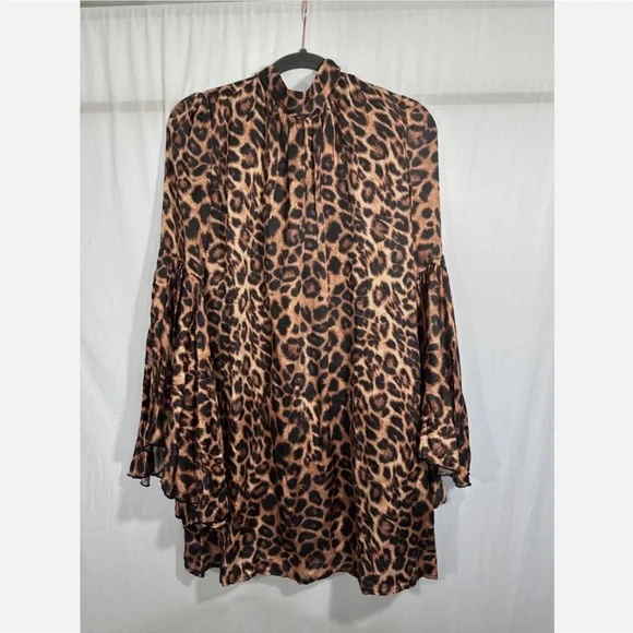 NWT Chloe Kristyn [ Small ] Satin Bell Sleeve Mini Dress in Leopard Animal Print - Picture 7 of 14